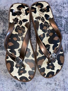 Brighton Brown and Black Leopard Print Flip Flop Sandals